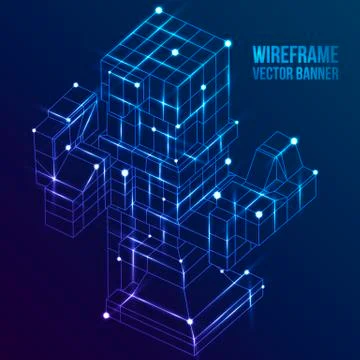 Wireframe Mesh Cubes. Connected dots and lines. Stock Illustration