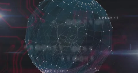 Wireframe mesh sphere being animated in dark cyber 3D render, showing skull and Stock Footage 309106275