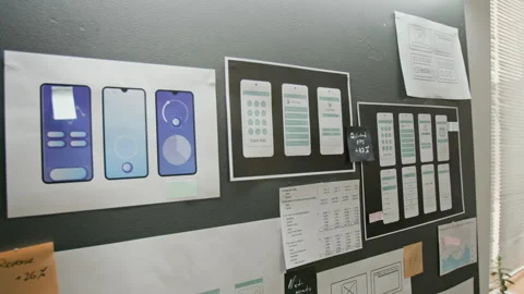 Wireframe Mockups for Smartphone Application on Wall at UI Design Company Stock Footage 327903058