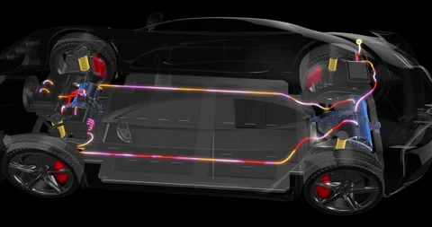 Wireframe model of electric car showing inner components and charging unit. Stock Footage 313674103