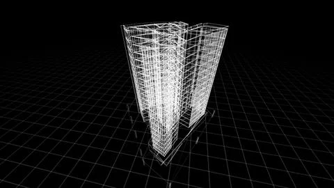 A wireframe model of a futuristic skyscraper on a grid background Illustrazione stock