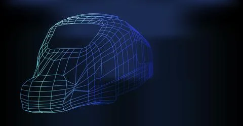 Wireframe model of a high-speed train locomotive displayed in a futuristic di Stock Illustration