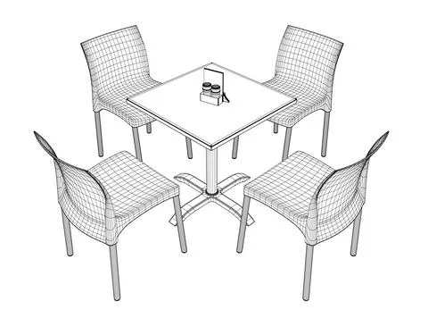 Wireframe Modern round table with chairs. Vector illustration. Hand drawn vector Stock Illustration