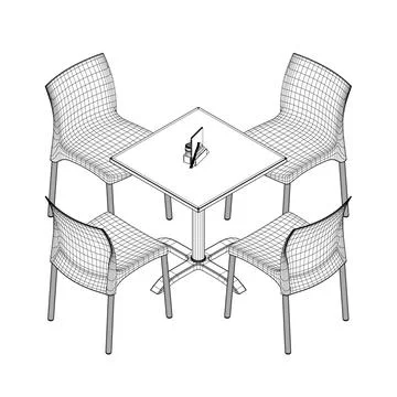 Wireframe Modern round table with chairs. Vector illustration. Hand drawn vector Stock Illustration