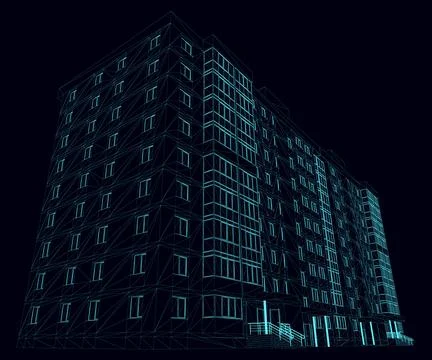 Wireframe of a multi-storey residential building from blue lines isolated on  Illustrazione stock