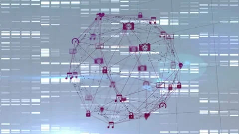 Wireframe network globe rotating as blue flare sweeping, magenta icons pulsing, Stock Footage 329870478
