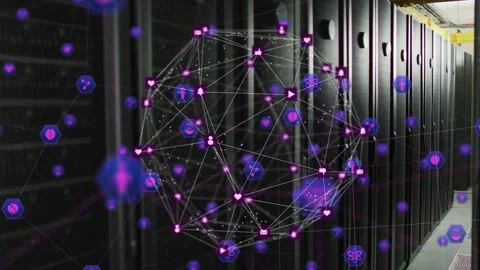 Wireframe network sphere appearing in datacenter corridor, collecting icons and Stock Footage 332900554
