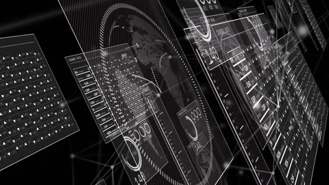 Wireframe nodes pulsing, summoning HUD panels sliding and updating globe, Stock Footage 332280680