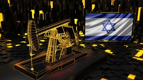 Wireframe oil pump jack pumping fuel next to waving national flag of Israel Stock Footage 347216487