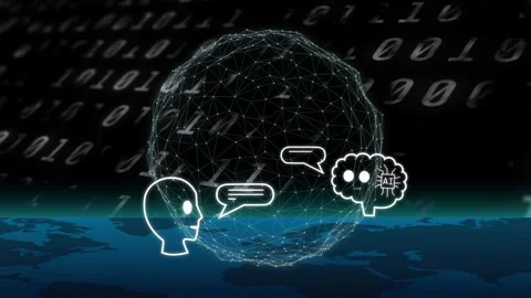 Wireframe orb rising over map, head popping AI brain reacting, chats exchanging, Stock Footage 334768456