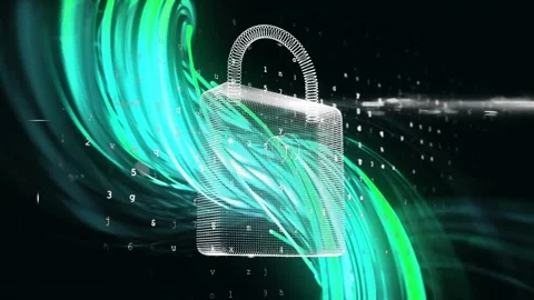 Wireframe padlock centered, teal streak initiating ribbons piercing mesh, Stock Footage 321824096