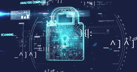 Wireframe padlock centering on security HUD, SCANNING appearing and animating Stock Footage 333901014