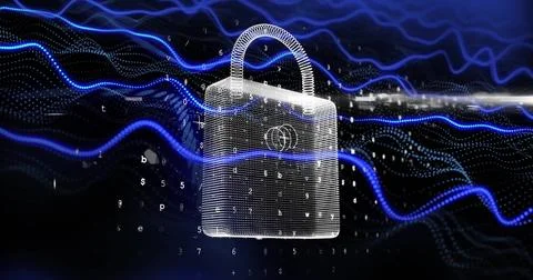 Wireframe padlock floating in virtual data space, with neon-blue waves and Foto stock