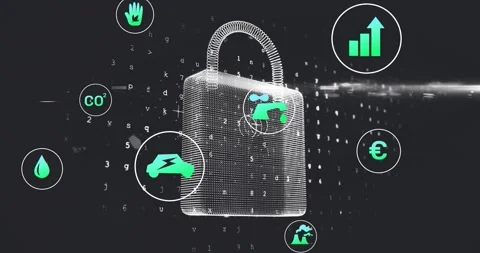 Wireframe padlock rotating and tilting as data stream triggers icons orbiting to Stock Footage 320896464