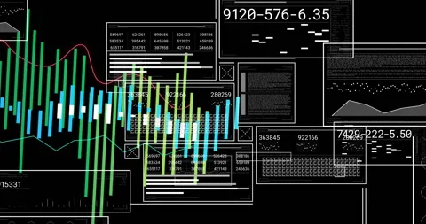 Wireframe panels appearing upon start guiding rising bars and updating windows Stock Footage 312915670