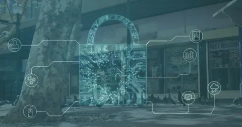 Wireframe patterns appearing at tree sparking padlock forming while linking data Stock Footage 311883444