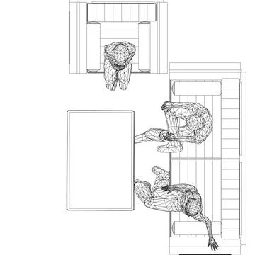 Wireframe of people sitting on sofa and chair at table. Top view. Vector Stock Illustration