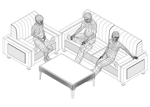 Wireframe of people sitting on sofa and chair at table. Isometric view. Vector Illustrazione stock