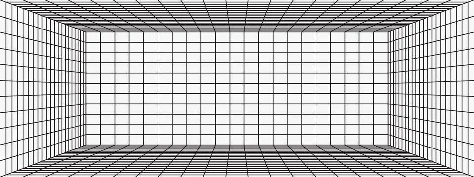 Wireframe perspective box room on white background with black grid lines. A.. Stock Illustration