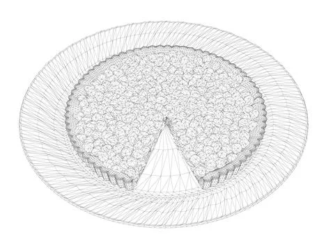 Wireframe of a pie with berries with a cut off piece on a plate from black .. Stock Illustration
