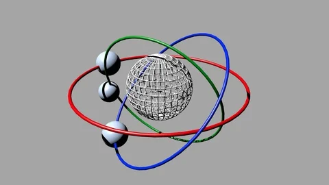 Wireframe planet model with three orbits and three satellite moons. Fantasy Stock Footage 122917036