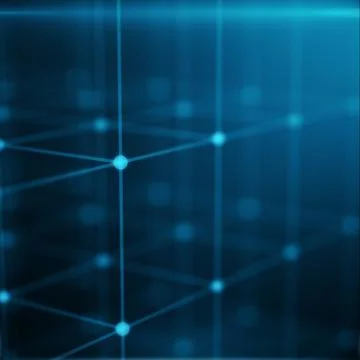 Wireframe Polygonal Element. Cube consisting with Blue Lines and Dots. Blue Stock Illustration