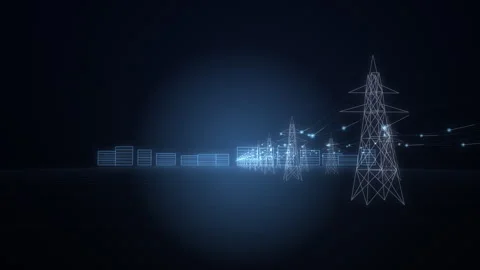Wireframe power lines send blue energy pulses to a glowing data center at n.. Vídeo Stock 346963842