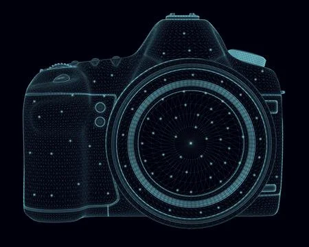 Wireframe of a professional camera made of blue lines with glowing lights Stock Illustration