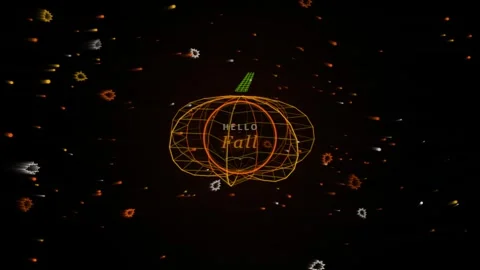 Wireframe pumpkin animation with hello fall text and flying sparks on black.. Vidéo 343558777