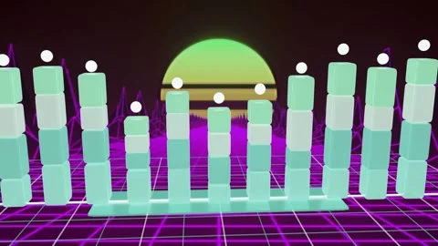 Wireframe ramp crossing grid initiating turquoise stacks forming left-to-right, Stock Footage 335637249