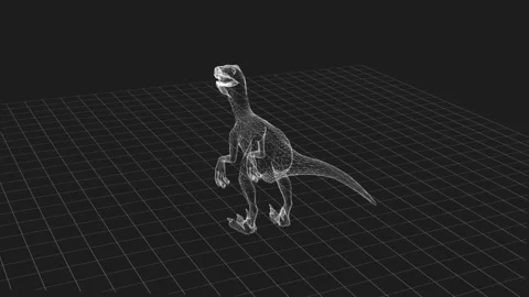 Wireframe Render of Dinosaur Model in 3D Virtual Space on Grid Background 库存影片 343124295