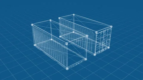 Wireframe Render of Geometric Shapes on Blue Grid Background Design Stock Footage 344660237