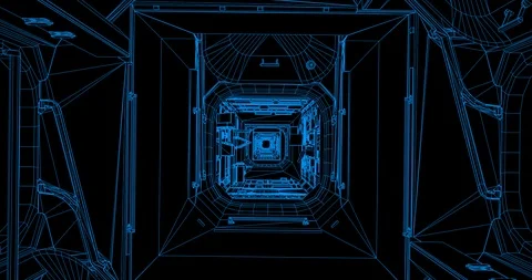 Wireframe rendering of floating, zero-gravity fly though of various ISS modules Stock Footage 113585109