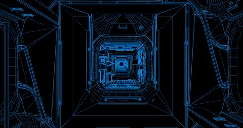 Wireframe rendering of level, straight-line fly though of various ISS modules Stock Footage 113583767