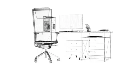 Wireframe Rendering of Modern Office Setup with Computer and Ergonomic Chair Stock Footage 344655469
