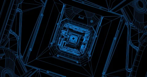 Wireframe rendering of spinning, straight-line fly though of various ISS modules Stock Footage 113584720