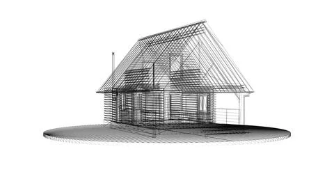A wireframe representation of a cozy log cabin on a circular base Stock Illustration