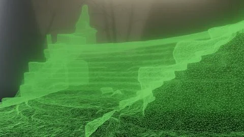 Wireframe scene of stair and old sculptures, expectation, fog, mystery at Stock Illustration