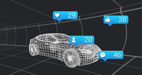 Wireframe sedan model appearing in grid tunnel bubbles popping and counts rising Stock Footage 328411345