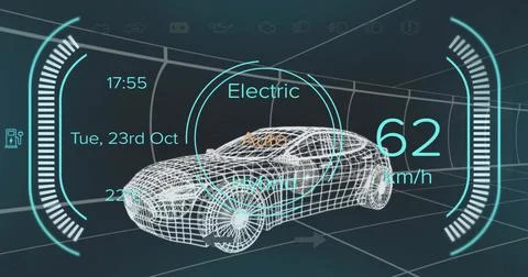 Wireframe sedan model displaying HUD rings and speedometer in gridline tunnel, Illustrazione stock