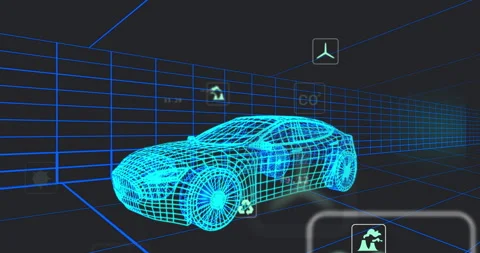 Wireframe sedan model opening in navy grid fading metric icons and highlighting Vídeos de archivo 314141023
