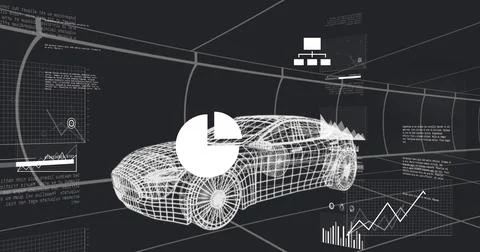 Wireframe sedan model rotating in virtual grid tunnel showing pie-chart line Stock Illustration