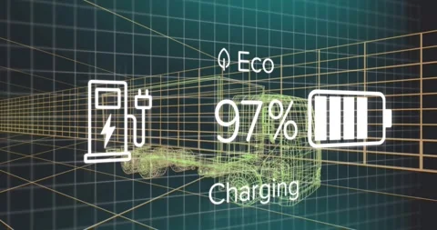 Wireframe semi-truck charging battery within neon 3D grid scene showing electric Stock Footage 330175702