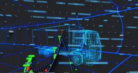 Wireframe semi-truck model floating in digital tunnel, presenting glowing data Stock Footage 330288270