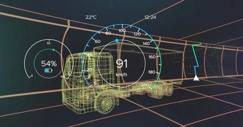 Wireframe semi-truck moving through grid tunnel, with heads-up gauges and Stock Illustration
