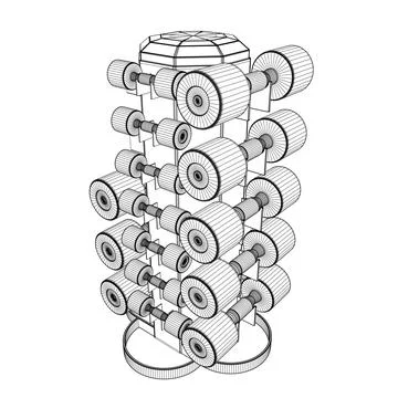 Wireframe of a set of dumbbells of different sizes placed on a rack. Set of Stock Illustration