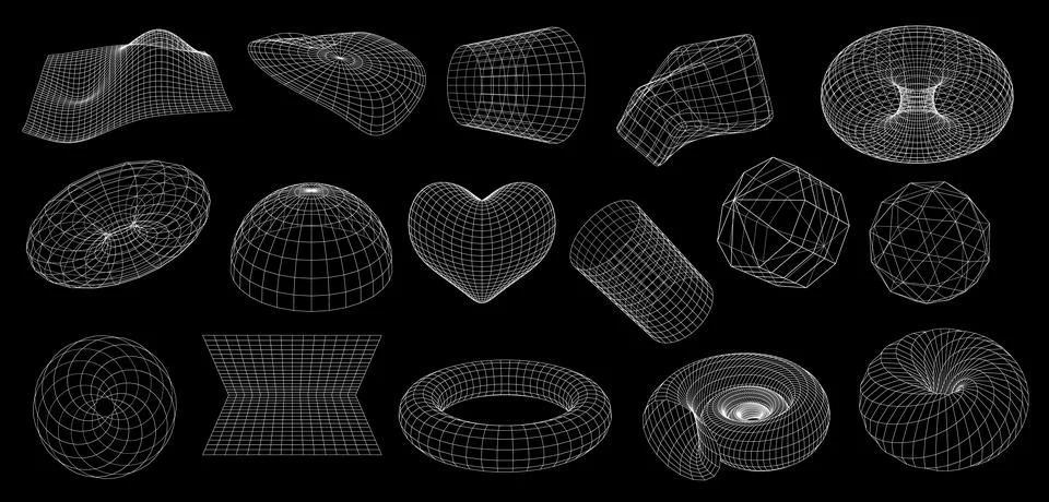 Wireframe shapes in 3D mesh grid perspective Stock Illustration