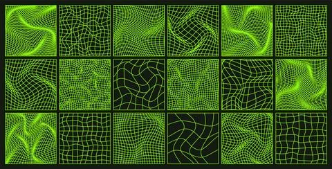 Wireframe shapes, lined perspective mesh, 3d grid. Low poly geometric elements Illustrazione stock