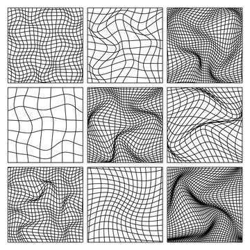 Wireframe shapes, lined perspective mesh, 3d grid. Low poly geometric elements 스톡 일러스트