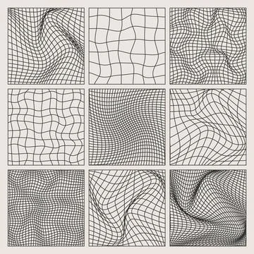 Wireframe shapes, lined perspective mesh, 3d grid. Low poly geometric elements Stock Illustration